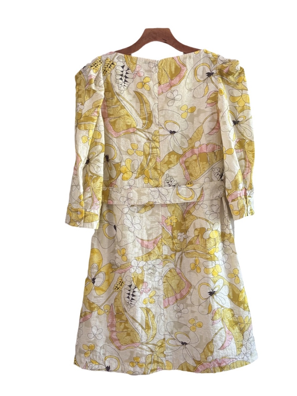 Max & Co. Women’s Yellow Floral Tie-Waist Dress Size 6 Puff Sleeves - Picture 5 of 8